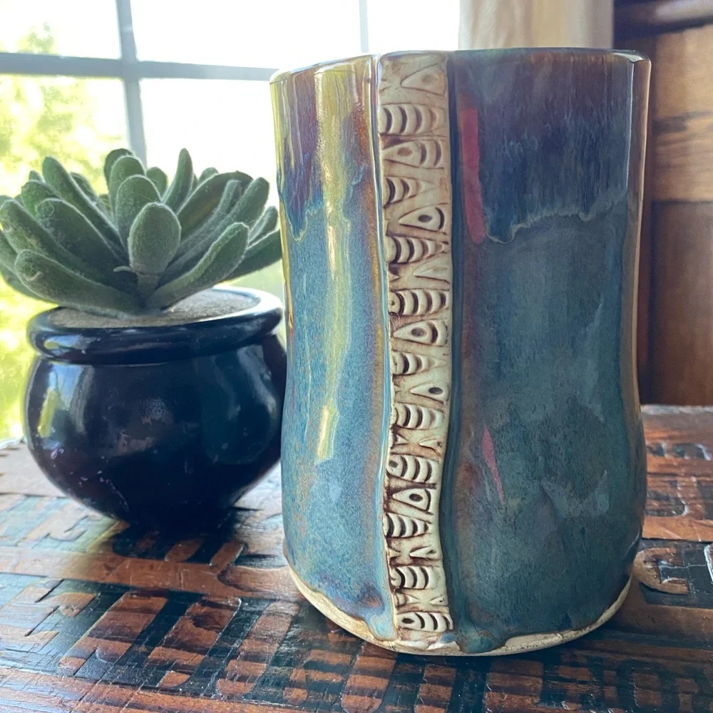 Studio Pottery Blue Daisy Vase Crock EUC